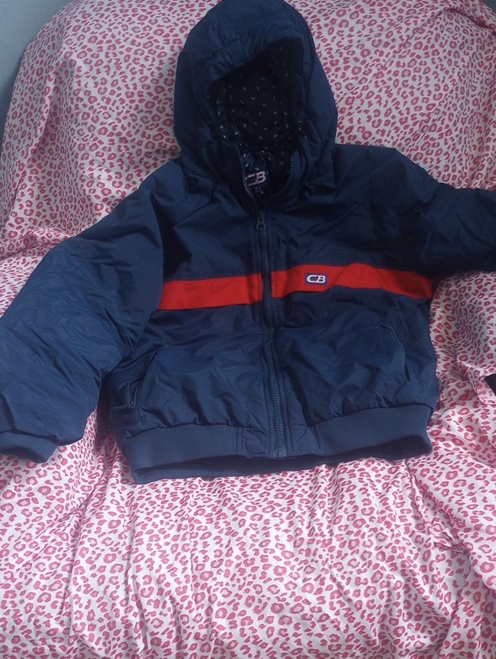 Navy Hooded Puffer Jacket with Red Stripe - Kids